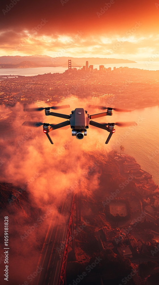 Fototapeta premium A drone with cameras and lights flying over the red desert, with dust clouds rising from below. The sun is setting in the background, casting long shadows on the rugged terrain. High-resolution photog