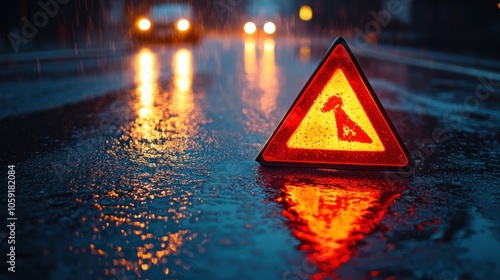 Reflective Night Road Construction Scene with Illuminated Traffic Sign and Rain