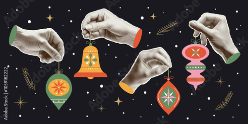 Hand with a trendy halftone effect holding a Christmas ball. Merry Christmas decoration in a modern minimalist geometric flat style.