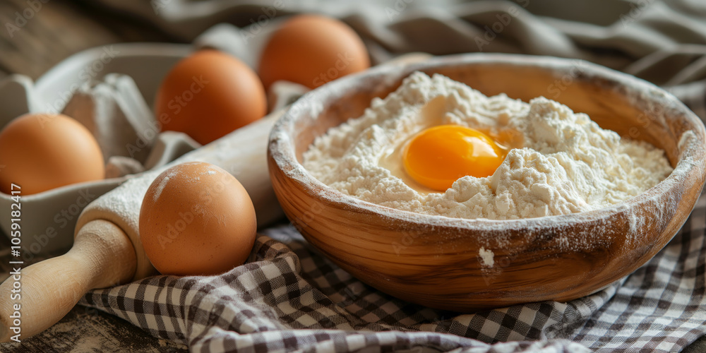 Fresh Ingredients for Baking Wooden Bowl with Flour and Egg Yolk, Rolling Pin, and Eggs on Checkered Cloth Fresh Ingredients for Baking Wooden Bowl with Flour and Egg Yolk, Rolling Pin, and Eggs on Checkered Cloth