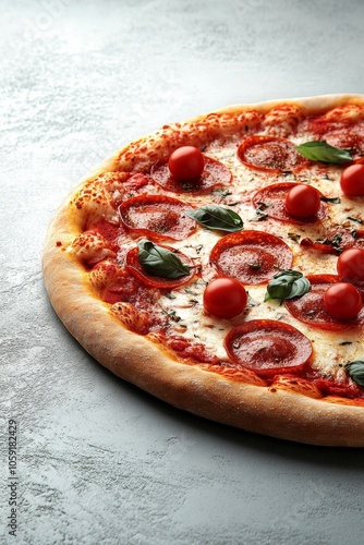Freshly baked pizza topped with cherry tomatoes and basil leaves on a rustic ...
