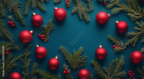 Festive red ornaments surrounded by evergreen branches on a teal background f...
