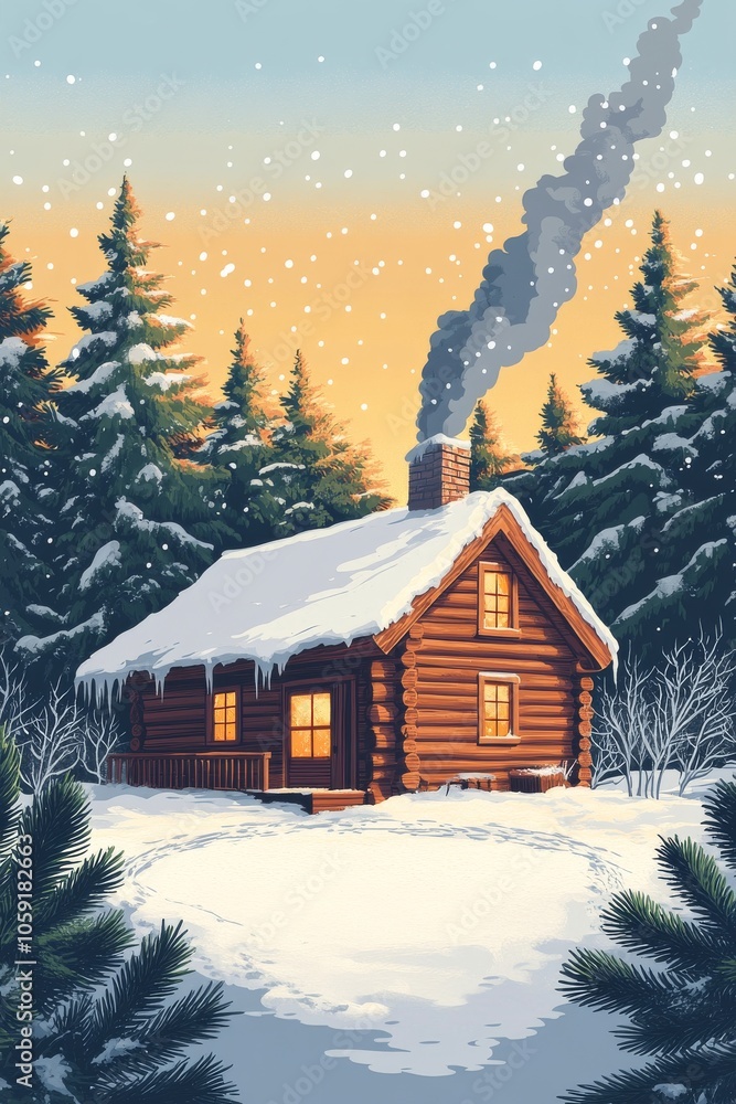 Fototapeta premium Cozy log cabin in a snowy forest landscape at dusk with warm lights glowing from the windows