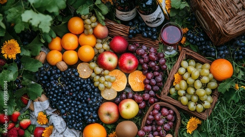 A vibrant spread of fresh fruits and beverages on a textured tablecloth durin...