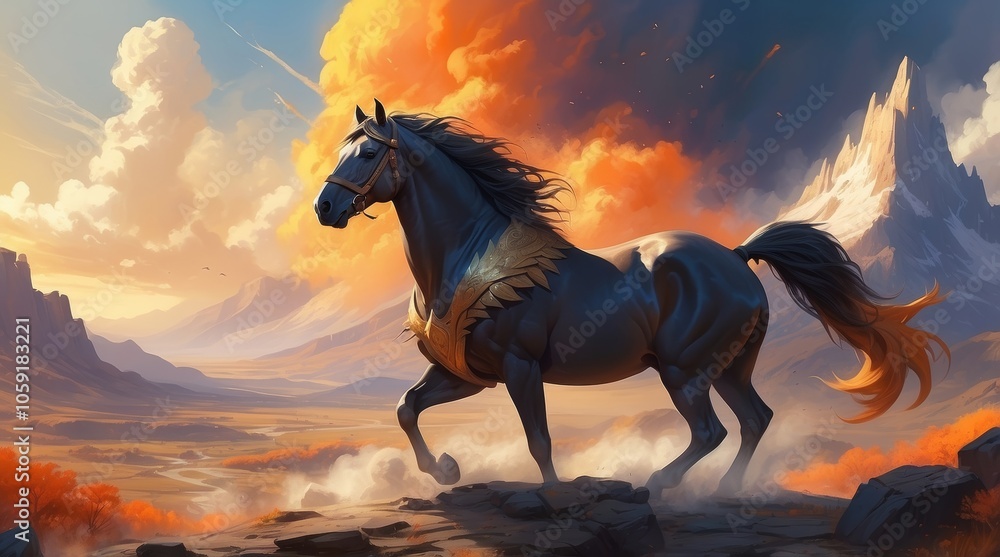 A Black Horse with Golden Armor Runs on a Mountain Path A Black Horse with Golden Armor Runs on a Mountain Path