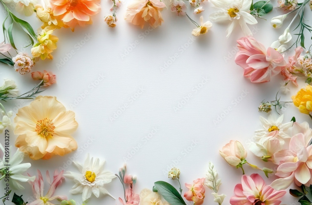 A vibrant arrangement of various colorful flowers framing a blank space for creative use A vibrant arrangement of various colorful flowers framing a blank space for creative use