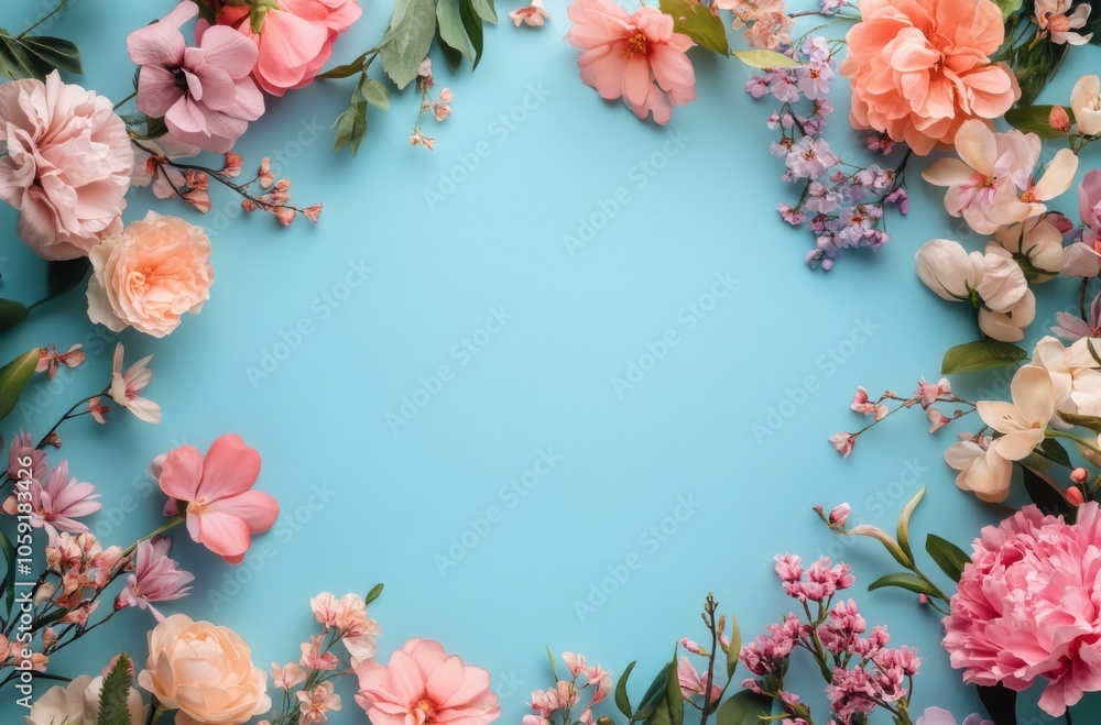 Floral arrangement with soft pink and white flowers on a blue background for a cheerful display Floral arrangement with soft pink and white flowers on a blue background for a cheerful display
