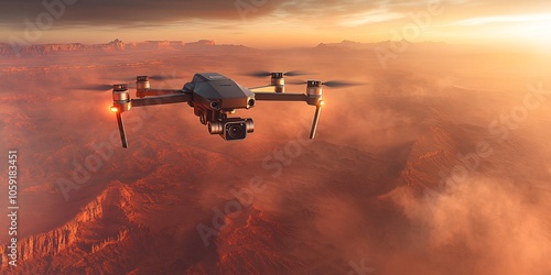 A drone with cameras and lights flying over the red desert, with dust clouds rising from below. The sun is setting in the background, casting long shadows on the rugged terrain. High-resolution photog photo