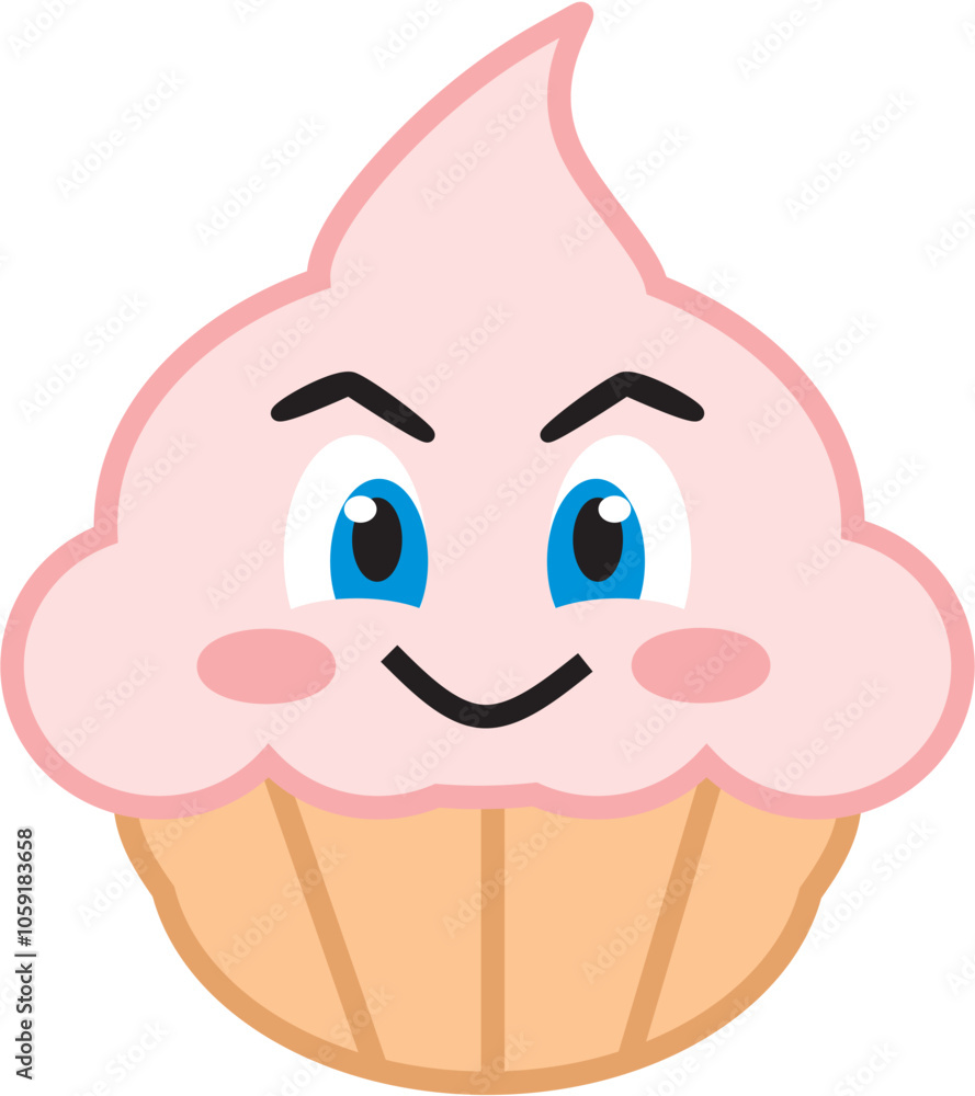 Vector illustration of a sweet pink cupcake with a cute smiling anime style face. Cartoon food and sweets illustration Vector illustration of a sweet pink cupcake with a cute smiling anime style face. Cartoon food and sweets illustration