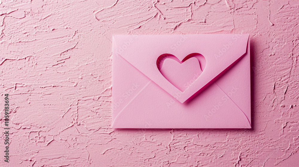Closed pink envelope with heart cutout on pink textured background
