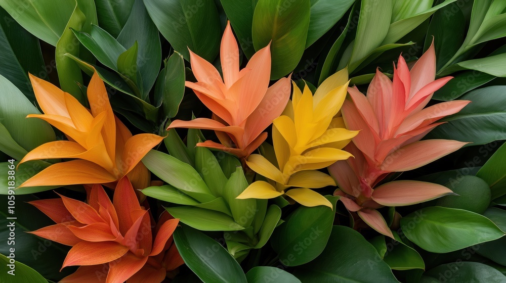 Fototapeta premium Colorful bromeliad flowers in shades of orange, yellow, and red surrounded by lush green leaves.