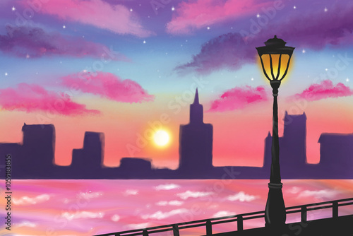  Sunset City with Pink Sky