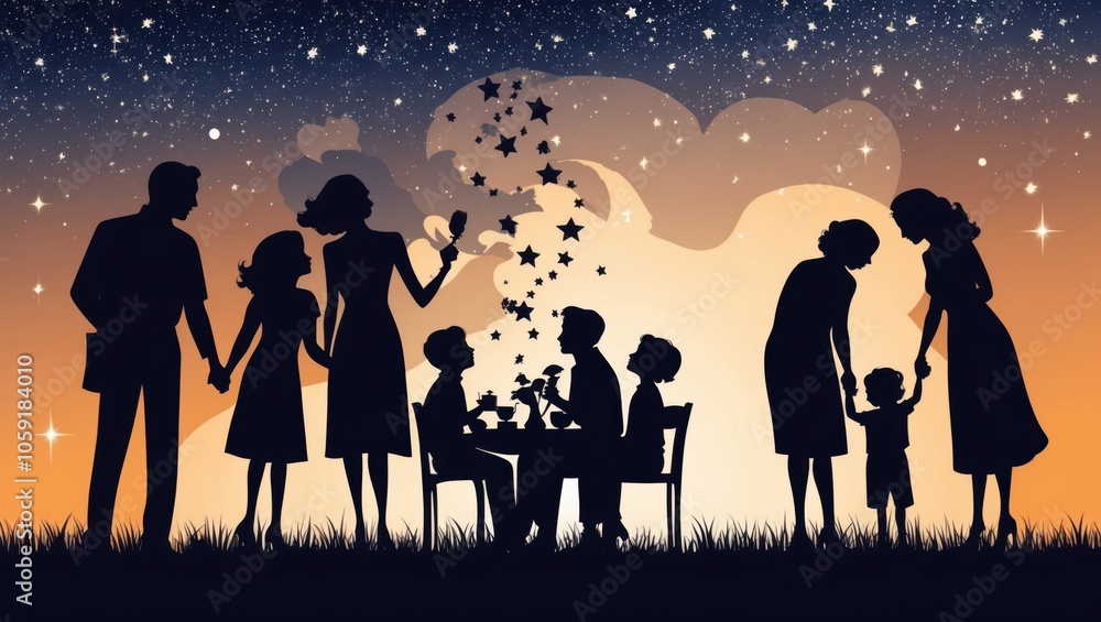shadows blending with a bright landscape. Shadows representing a warm and intimate scene of a family gathering, under a sky full of stars, symbolizing love and togetherness. shadows blending with a bright landscape. Shadows representing a warm and intimate scene of a family gathering, under a sky full of stars, symbolizing love and togetherness.