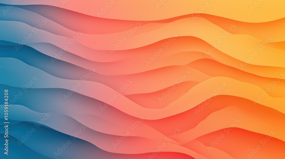 Fototapeta premium Abstract wavy layered background with a gradient of blue to orange colors creating a smooth transition. The overlapping layers form a harmonious and dynamic visual effect.