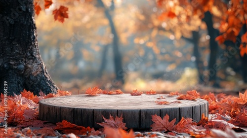 A rustic wooden platform surrounded by colorful autumn leaves in a tranquil f...
