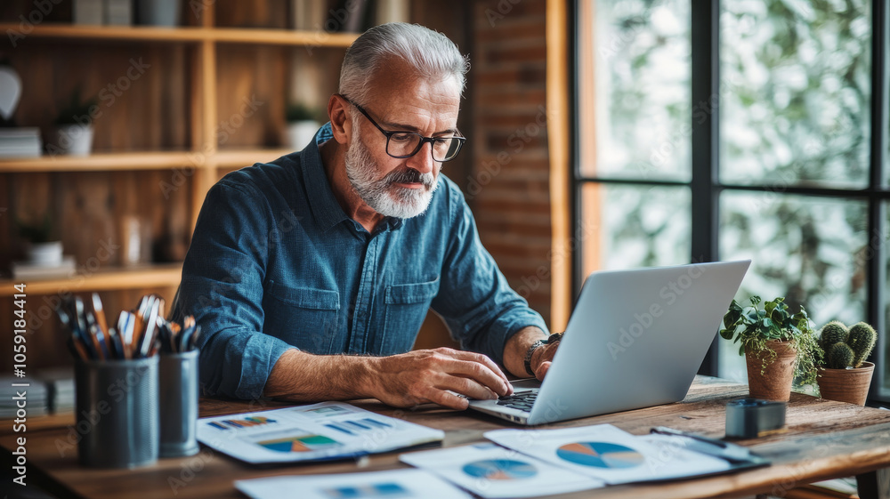 Focused on his work, mature man with gray hair and glasses types on laptop in cozy office filled with plants and charts. warm atmosphere enhances his concentration Focused on his work, mature man with gray hair and glasses types on laptop in cozy office filled with plants and charts. warm atmosphere enhances his concentration