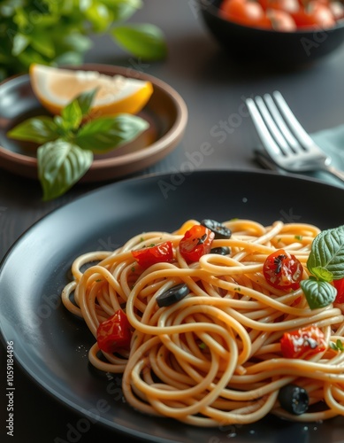 A plate of spaghetti with cherry tomatoes and olives, served on a black plate