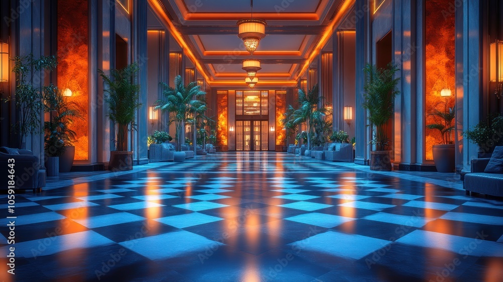 A grand, opulent hallway with a checkered floor, illuminated by warm lighting and lined with plants. A grand, opulent hallway with a checkered floor, illuminated by warm lighting and lined with plants.