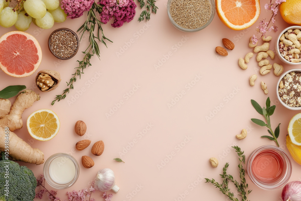 Fresh fruits, nuts, and herbs arranged beautifully on pastel background create vibrant and healthy display. This colorful assortment includes citrus, grapes, and various seeds, evoking sense of wellne Fresh fruits, nuts, and herbs arranged beautifully on pastel background create vibrant and healthy display. This colorful assortment includes citrus, grapes, and various seeds, evoking sense of wellne