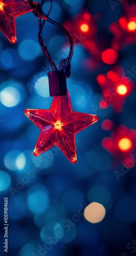 Bright red star ornament glows against a blue and bokeh background during fes...