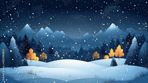 Snowfall in a serene winter landscape with mountains and illuminated trees at...