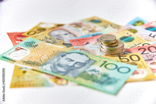 Collection of Australian banknotes and coins scattered on a flat surface photo