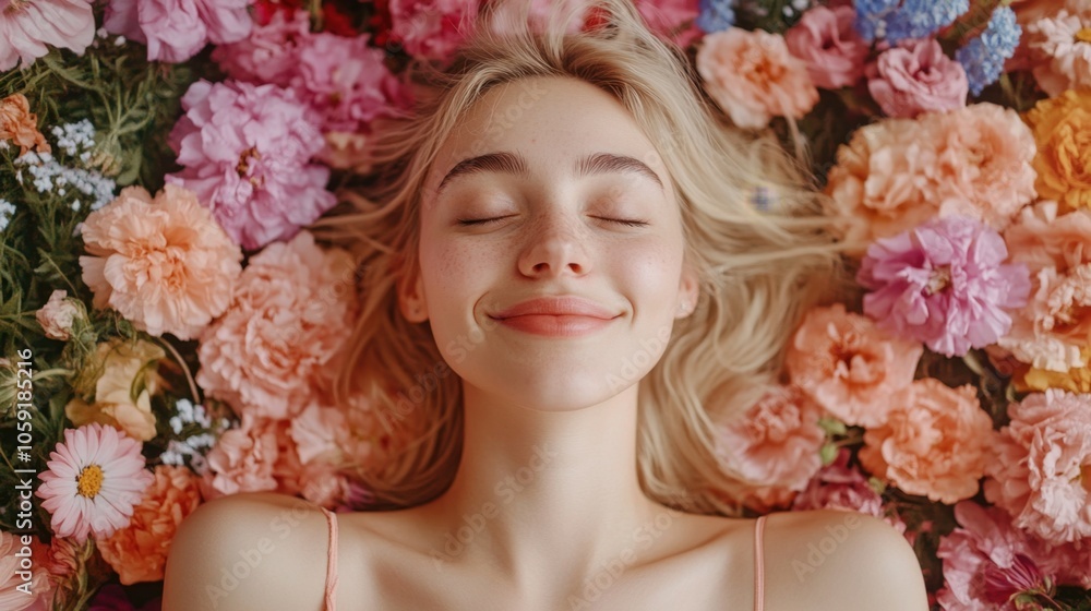 Happy blonde woman in her 20s, lying on flowers with closed eyes, smiling peacefully; vibrant, blurred floral . Happy blonde woman in her 20s, lying on flowers with closed eyes, smiling peacefully; vibrant, blurred floral .