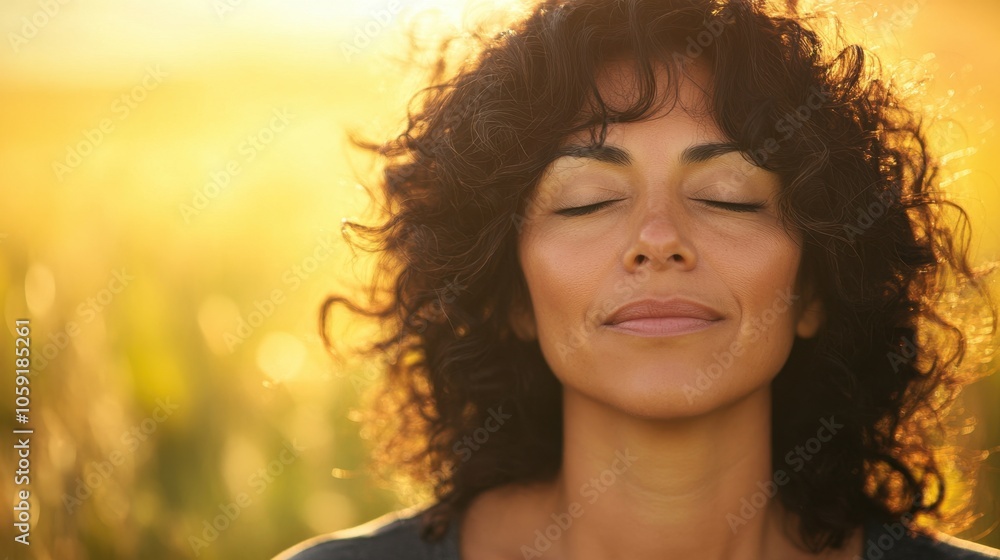Middle-aged Latin woman with curly hair in a meadow, eyes closed in peace; soft-focus background enhances serenity. Middle-aged Latin woman with curly hair in a meadow, eyes closed in peace; soft-focus background enhances serenity.
