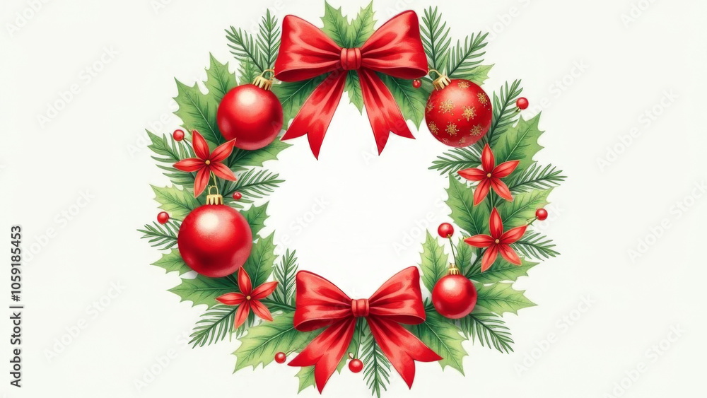 Beautiful Christmas wreath with red ornaments and bows on a light background. Christmas or New Year's card. Banner Beautiful Christmas wreath with red ornaments and bows on a light background. Christmas or New Year's card. Banner