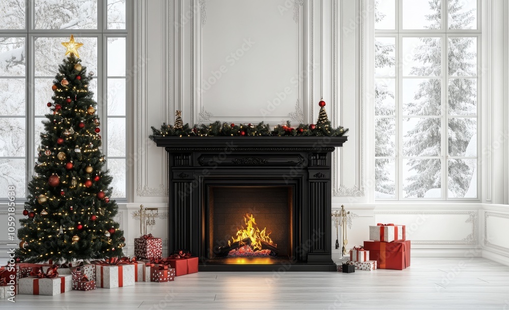Cozy holiday living room with a decorated Christmas tree and a fireplace during winter Cozy holiday living room with a decorated Christmas tree and a fireplace during winter