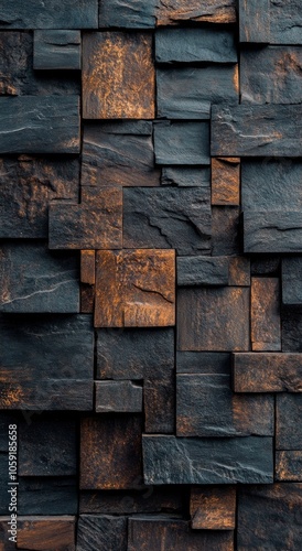 Textured wall of dark stone bricks with warm undertones in natural sunlight