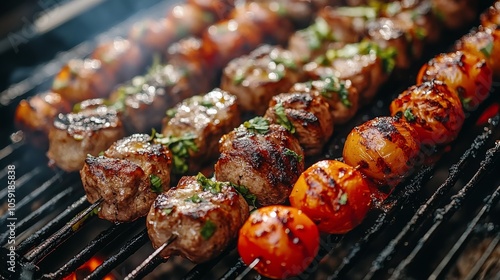 Evening barbecue in a lush garden with grilled meats and vegetables on the table