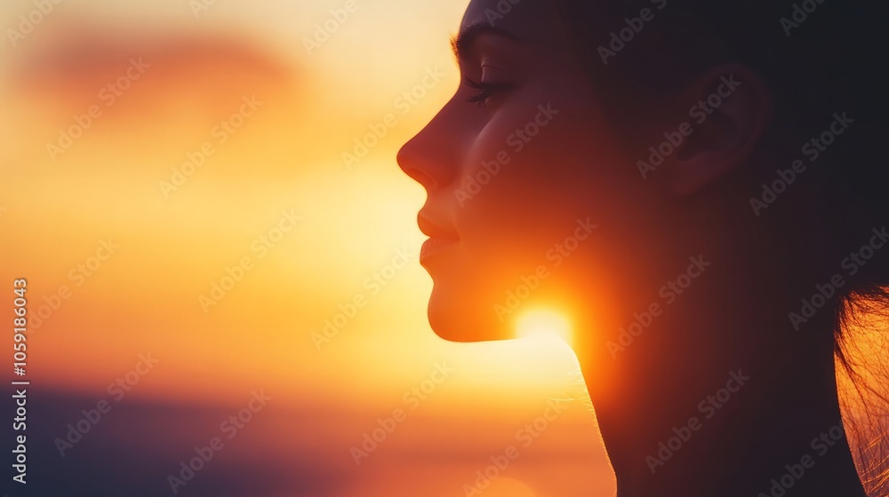 Naklejka premium Close-up of a woman silhouette against a sunset, soft light outlining her features, serene and peaceful mood