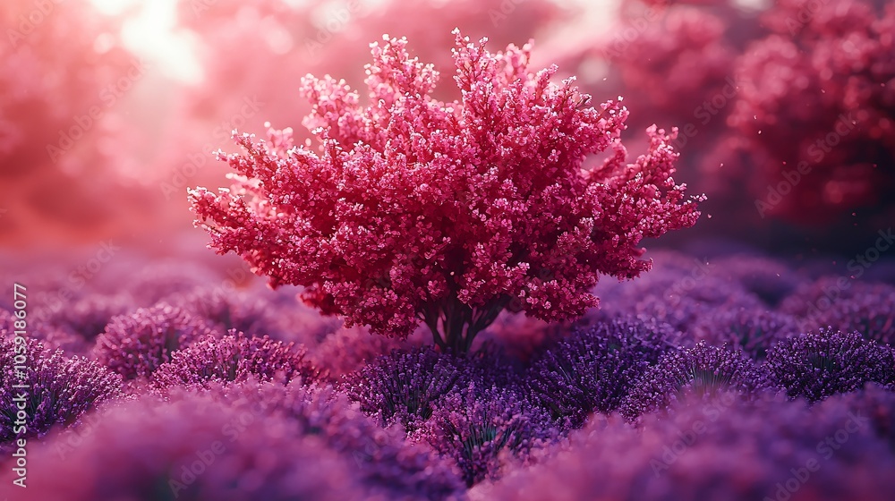 Vibrant Pink Tree in Lavender Field at Sunset Vibrant Pink Tree in Lavender Field at Sunset