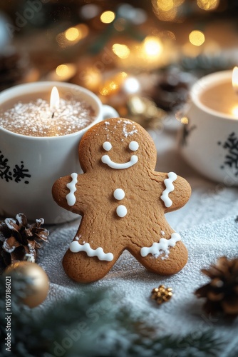 Delightful gingerbread cookie decorated with icing surrounded by festive holi...