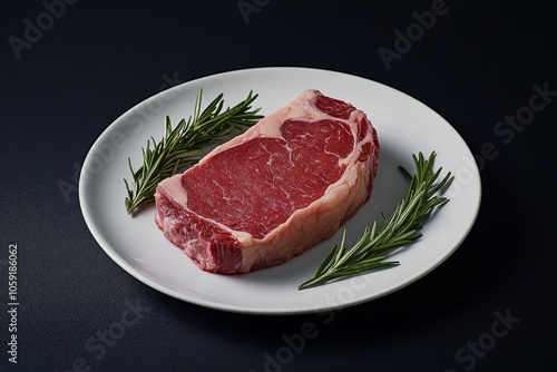 Freshly cut ribeye steak garnished with rosemary on a white plate against a d...