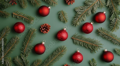 Decorative red ornaments and pinecones arranged on green foliage during the h...