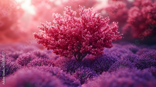 Vibrant Pink Tree in Lavender Field at Sunset