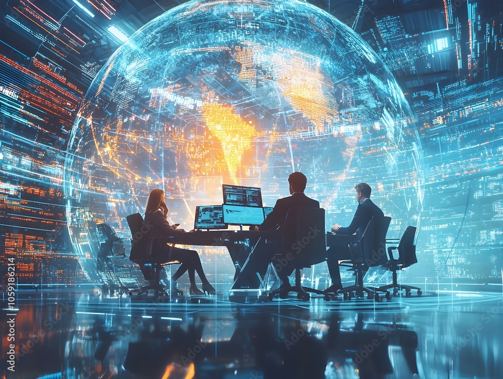 Business Leaders Collaborating in Futuristic Glass Dome with Holographic Data Projections Business Leaders Collaborating in Futuristic Glass Dome with Holographic Data Projections