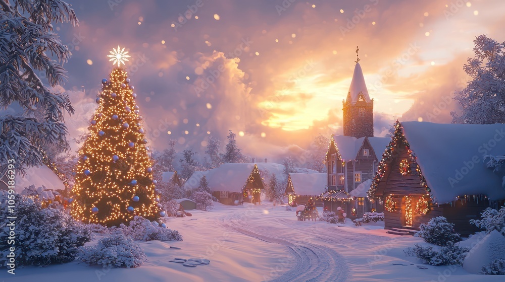 Cozy village scene with snow-covered houses, a decorated Christmas tree, and a soft, glowing sunset Cozy village scene with snow-covered houses, a decorated Christmas tree, and a soft, glowing sunset