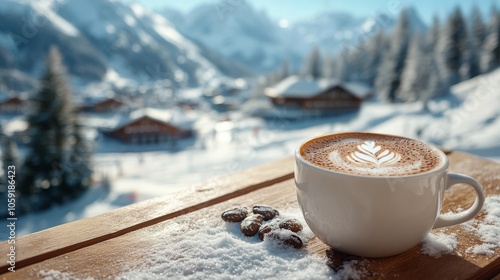 A cozy cup of coffee on a snowy winter day in a mountain lodge setting