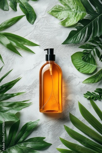 Stylish amber bottle surrounded by green tropical leaves on textured background