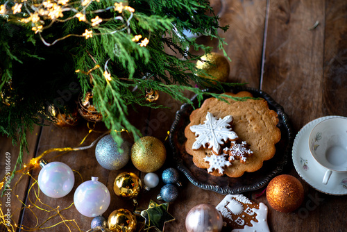 Festive Christmas table with ginger cookie pie garland gold silver and pastel balloon decoration photo