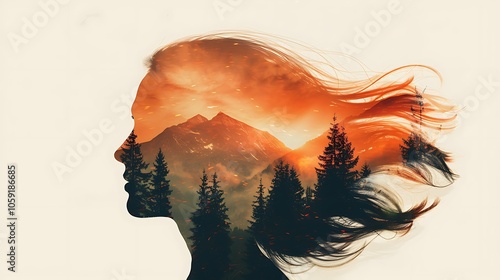 A creative double exposure of a woman's profile with a mountain landscape and forest, evoking nature and serenity.