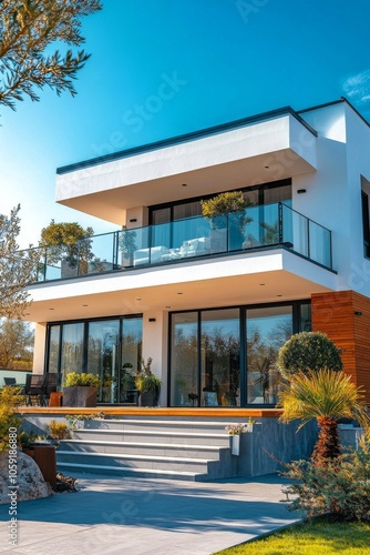 Modern building architecture against a vibrant sunset sky with colorful cloud...