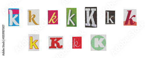 Set of isolated cut-out letter “K” from magazines on a transparent background, retro y2k style