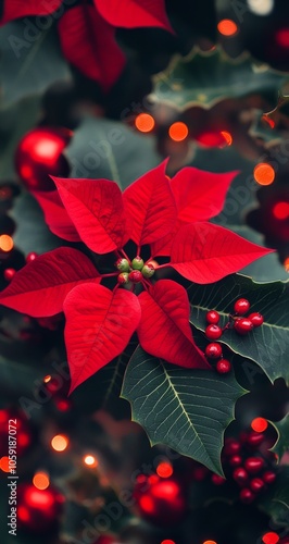 Bright red poinsettia surrounded by festive decorations during the holiday se...