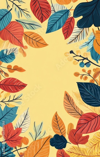 Colorful autumn leaves frame a blank space on a warm yellow background in vib...