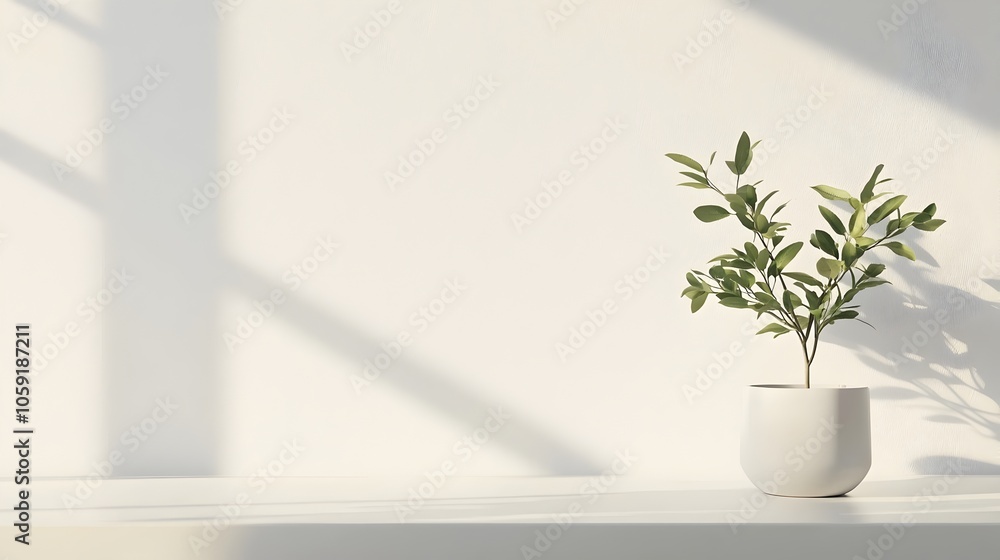 Fototapeta premium Minimalist White Tabletop Mockup with Potted Plant and Natural Lighting for Product Display