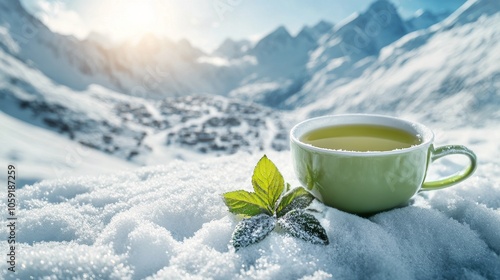 Warm cup of herbal tea on fresh snow in a majestic winter mountain landscape ...